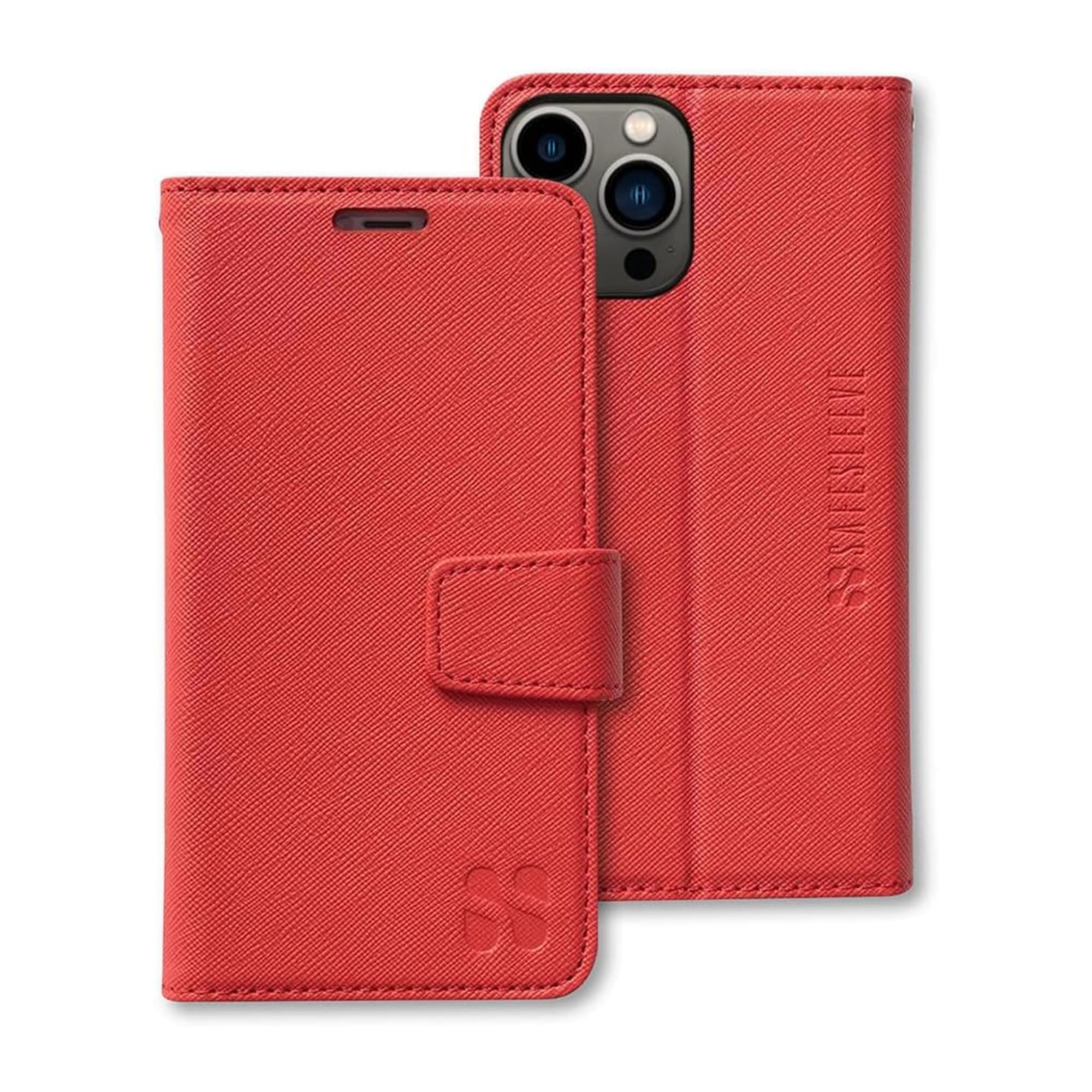 SafeSleeve Wallet Leather Case for iPhone 16 Pro EMF Blocker for Cell Phone with 3 Card Holder & Adjustable Stand – Magnetic Closure, and Magnetic Folio Protection for Daily Use (Red)