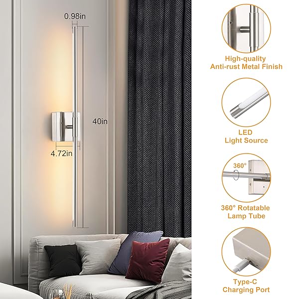 MORAURORAL 40 INCH SAND-NICKEL BATTERY OPERATED WALL SCONCES SET OF TWO, DIMMABLE WALL SCONCES WITH REMOTE CONTROL, RECHARGEABLE SCONCES, LED WIRELESS WALL LIGHTS FOR BEDROOM, LIVING ROOM, BATHROOM