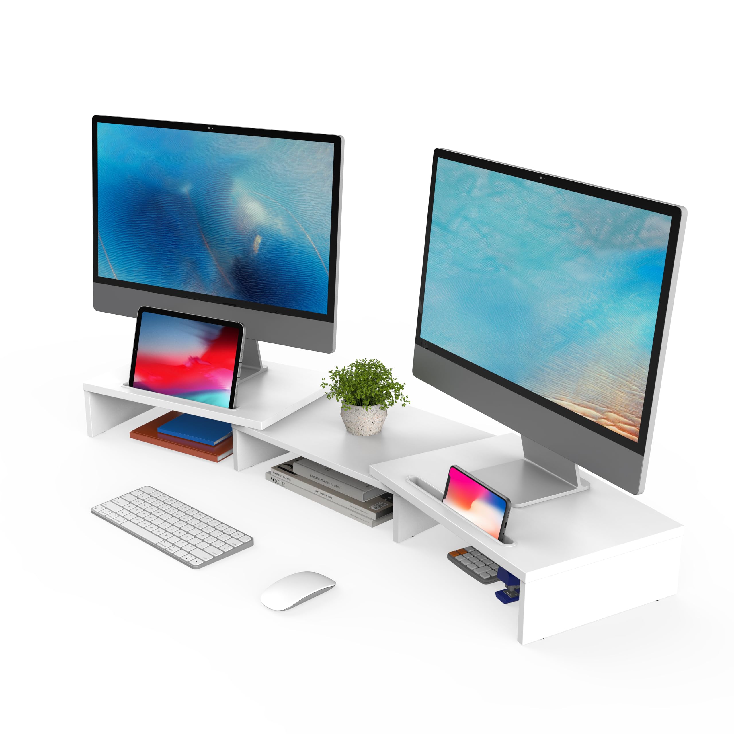 FITUEYES Dual Monitor Stand with 2 Extra Phone Holder, Wood PC Laptop Computer Screen Riser, 3 Shelf Swivel Length Adjustable, Home Office Supplies Desk Organzier, Max Load 25kg, White