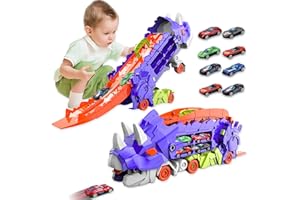 HACOCOLA Dinosaur Transporter Truck Foldable Sliding Race Track Toy with 8 Toy Cars for Kids Age 3 4 5 6 7 8 (Purple)