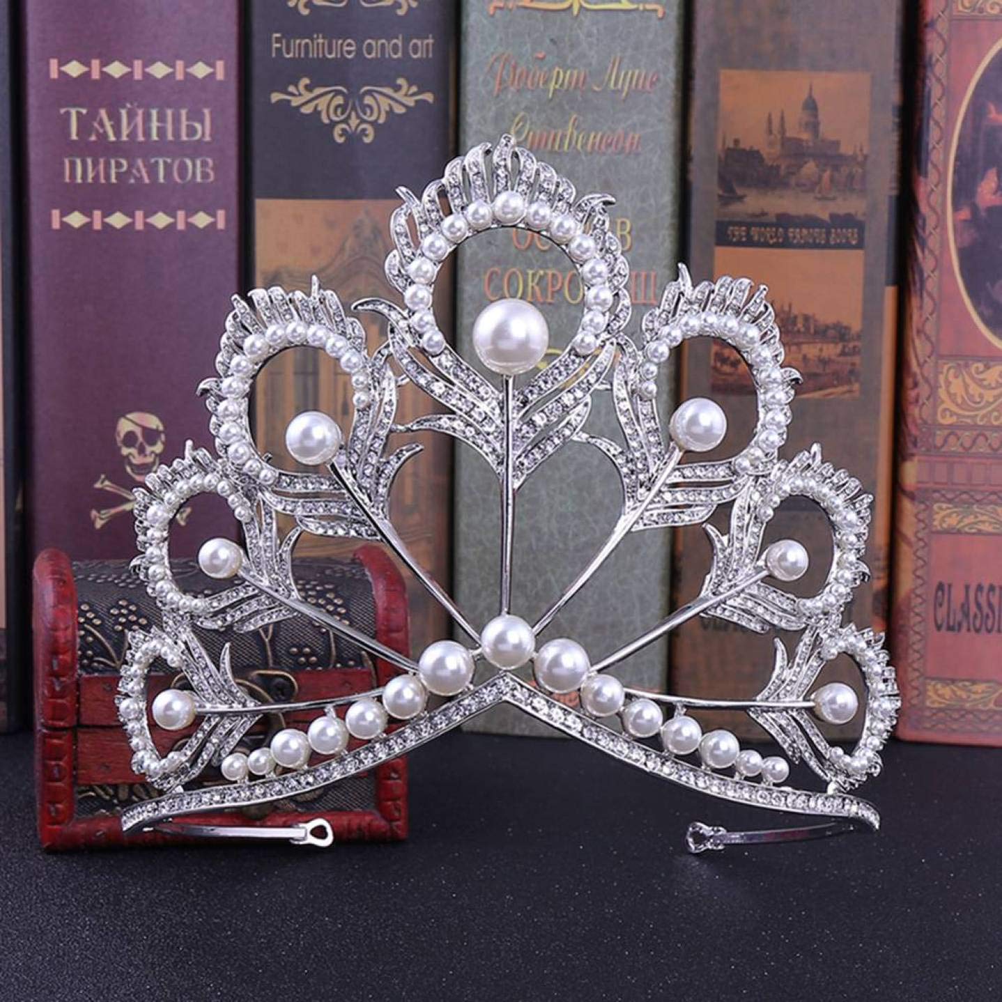 Pinruitai Useful Bridal Headdress Big Pageant Silver Pearl Feather