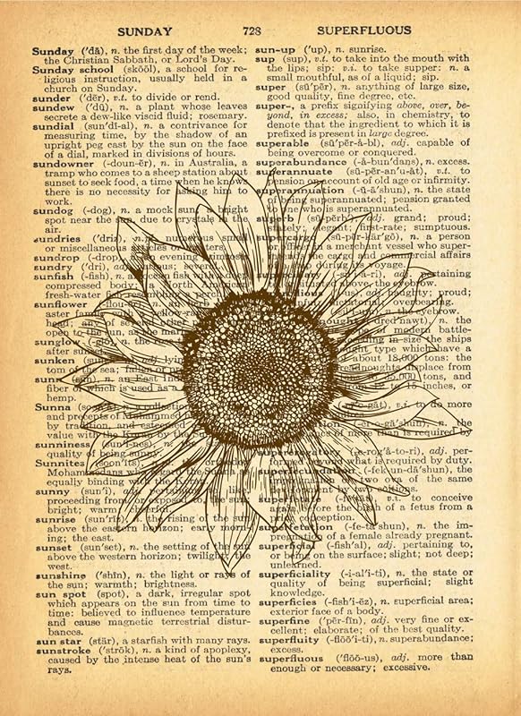 Sunflower Dictionary Art Print - Gift Idea for Fall October Halloween House Warming Christmas Holidays - Decor Vintage Print Dictionary Wall Art Pictures Paintings UnFramed…