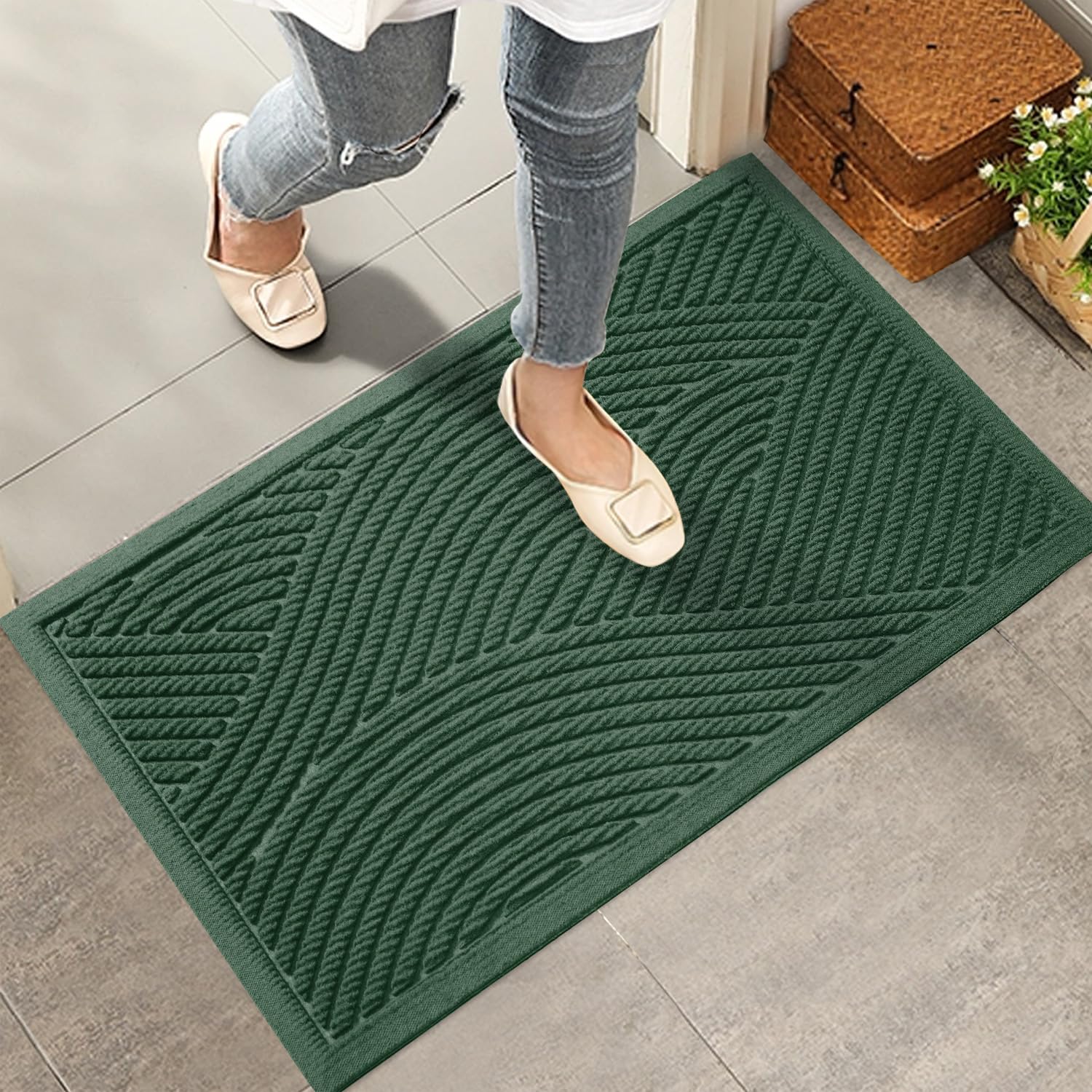 Photo 1 of HIYARD Sturdy Front Door Mat, Absorbent Muddy Dirt Resist Welcome Door Mats Outdoor Indoor, Stain and Fade Resistant, Non-Slip Backing Entry Mat Low Profile Doormat for Entryway, 29×17, Green
