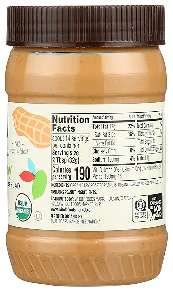 365 BY WHOLE FOODS MARKET, ORGANIC CREAMY PEANUT BUTTER SPREAD, UNSWEETENED, NO STIR, 16 OUNCE
