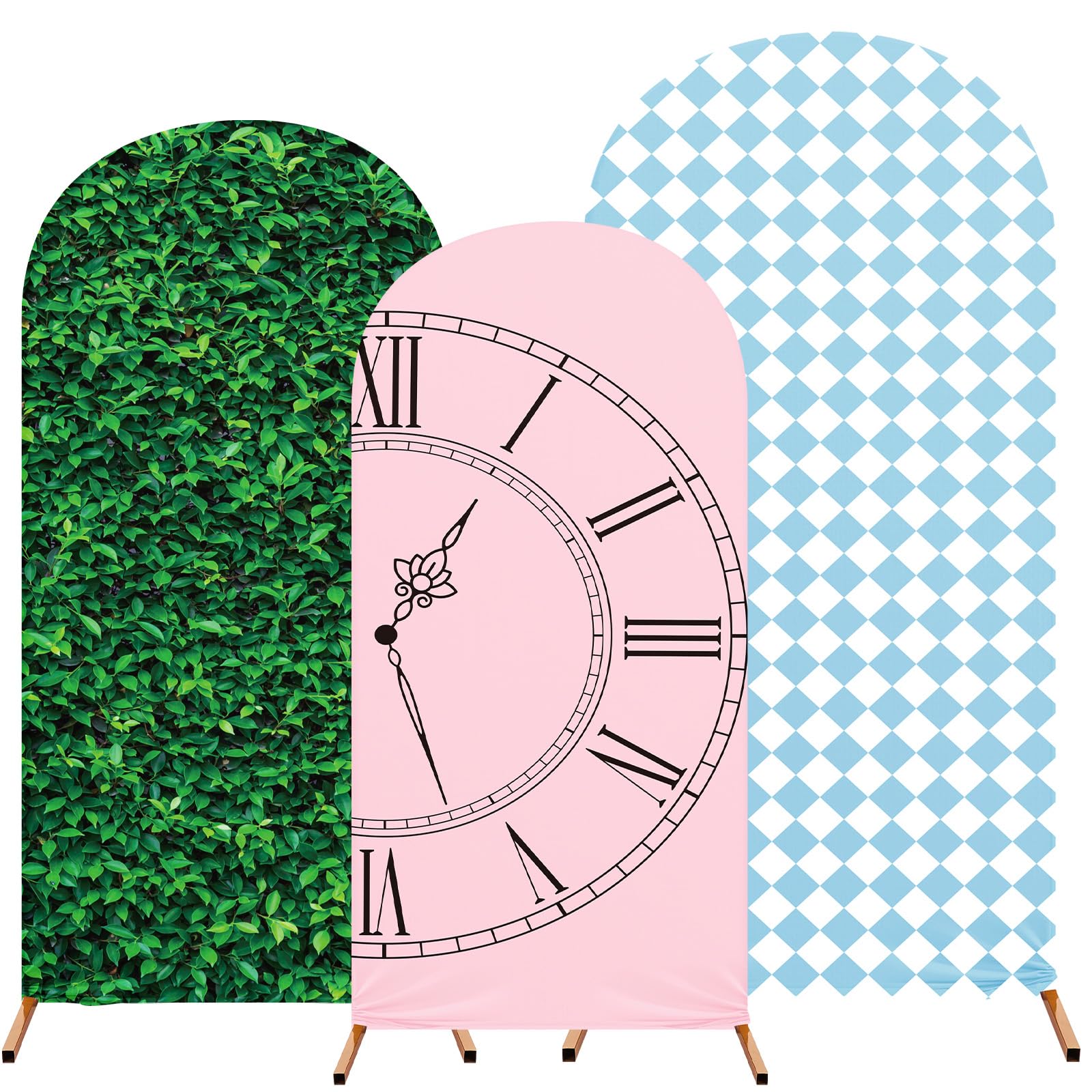 Photo 1 of RimCereal 3 Set Wonderland Tea Party Spandex Arch Cover Backdrops Wonderland Tea Party Photo Background Checkered Grass Arch Stand Cover Photo Props for Birthday Decoration (Sweet Color,Fresh)