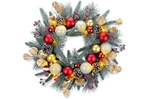 YULETIME 20-inch Christmas Wreath, Battery Operated Holiday Wreath with 20 Fairy Lights, Red & Gold Baubles, Frosty Red Berries, Pine Cones, Golden Leaves, Frosted Spruce Branches & Pine Needles
