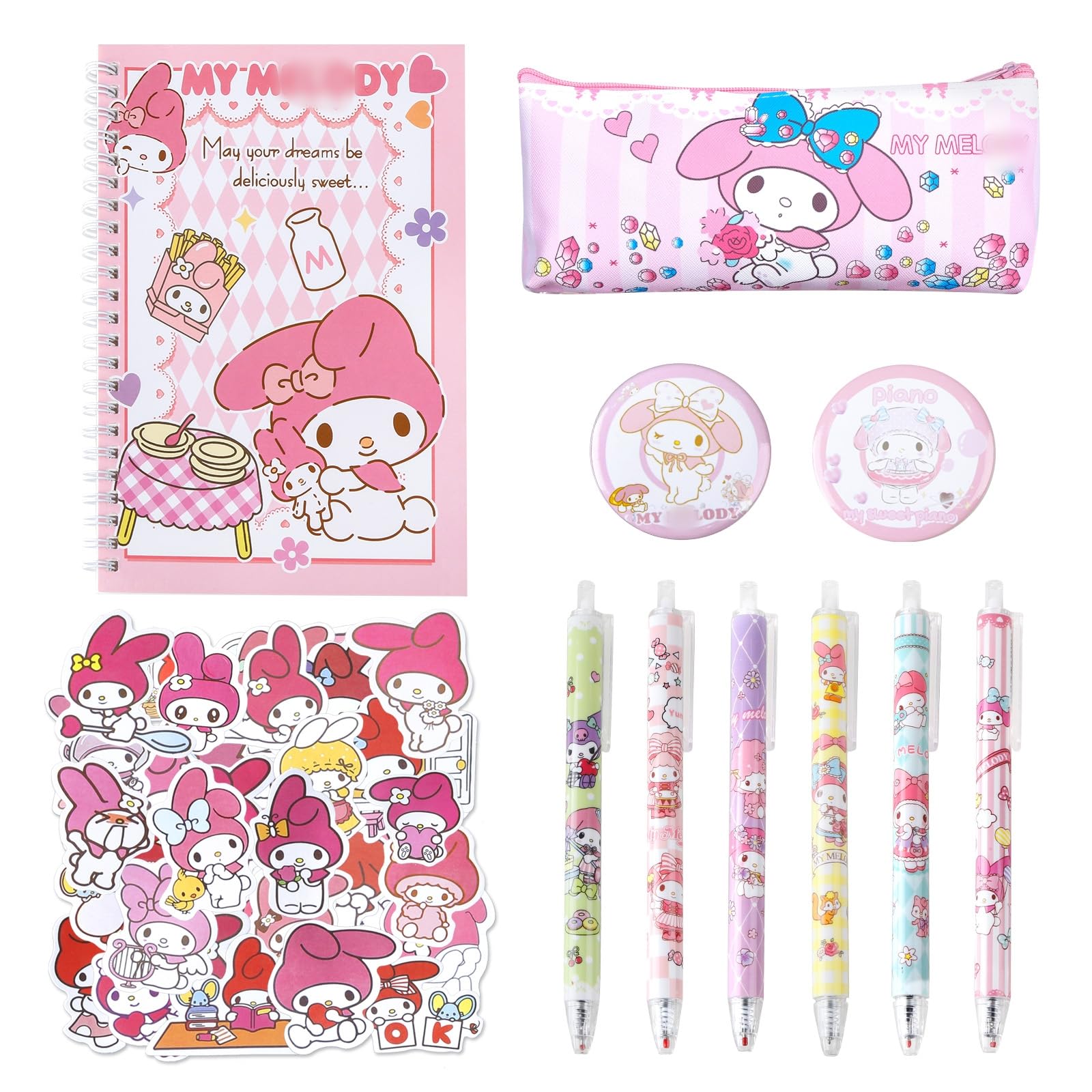 yumcute Cute School Supplies Kawaii Stationery Set Back to School Gift for Kids Office Supplies Gifts for School Season Girls Including Spiral Journal Notebook Gel Pens Stickers Pencil Case Badge (B)