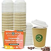 ECO SOUL 16oz Compostable Ripple Cups with Lids (25 Pack) Biodegradable Disposable Paper Cups Non-Toxic for Hot Drinks, To-Go Coffee Cups, Eco-Friendly & Ripple Cups