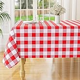 misaya Rectangle Waterproof Vinyl Table Cloth, Buffalo Flannel Backed Tablecloth, Wipeable Plastic Table Cover for Valentine's Day, Dinner, Kitchen, Outdoor (60" x 84", Red and White)