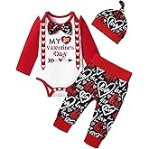 WIQI Baby Boy Valentines Day Outfit,Long Sleeve Valentine'S Day Romper+Pants+Hat My First Valentines Day Baby Boy Outfit
