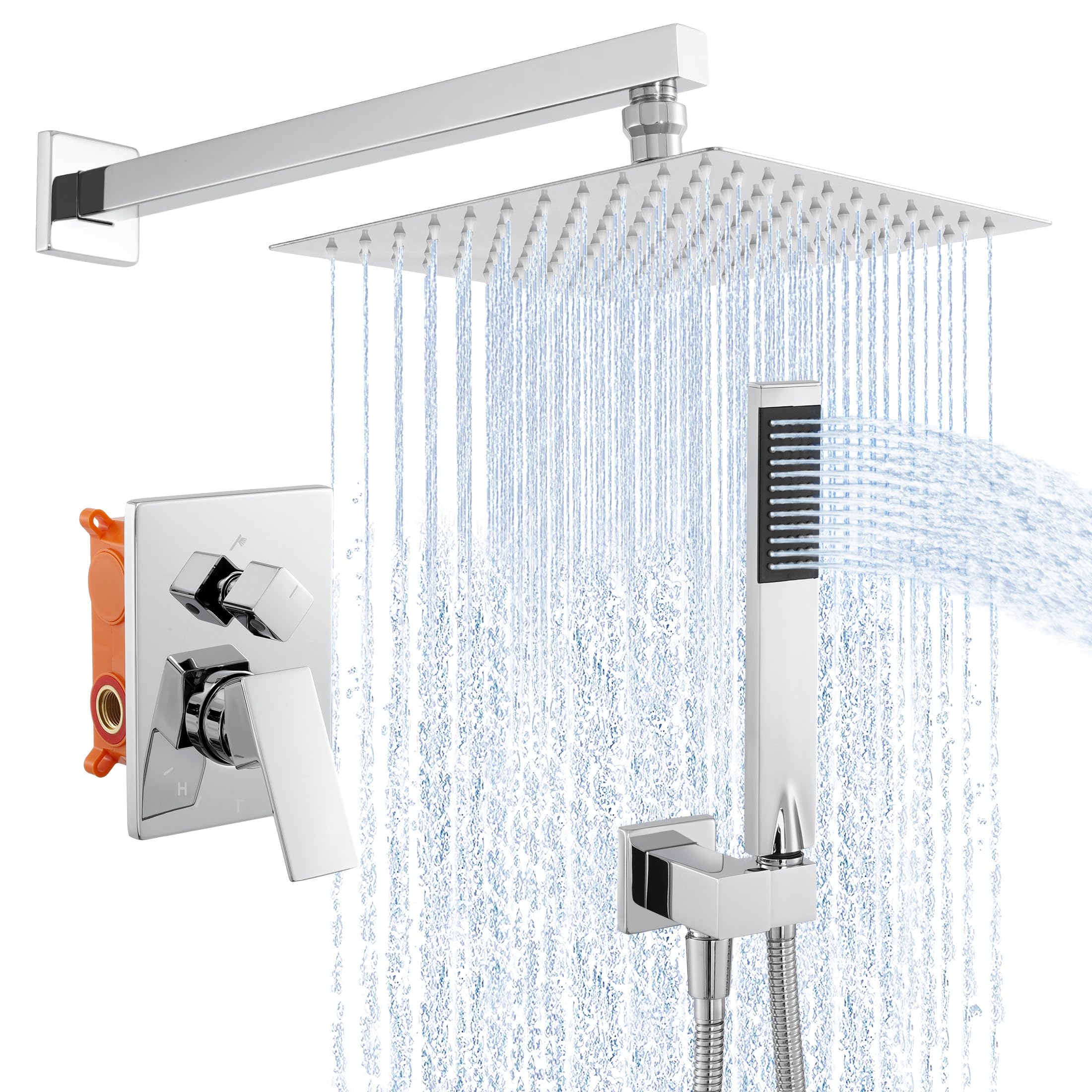 KES Concealed Shower System 10-Inch Rainfall Shower Head Square and Handheld Shower Kit Set 3-Modes Shower Head and Hose with Shower Mixer Set, Polished Chrome, X6230-CH