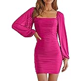 MASCOMODA Women Elegant Square Neck Lantern Long Sleeve Mini Ruched Bodycon Dress Stretch Mesh Slim Party Cocktail Dresses