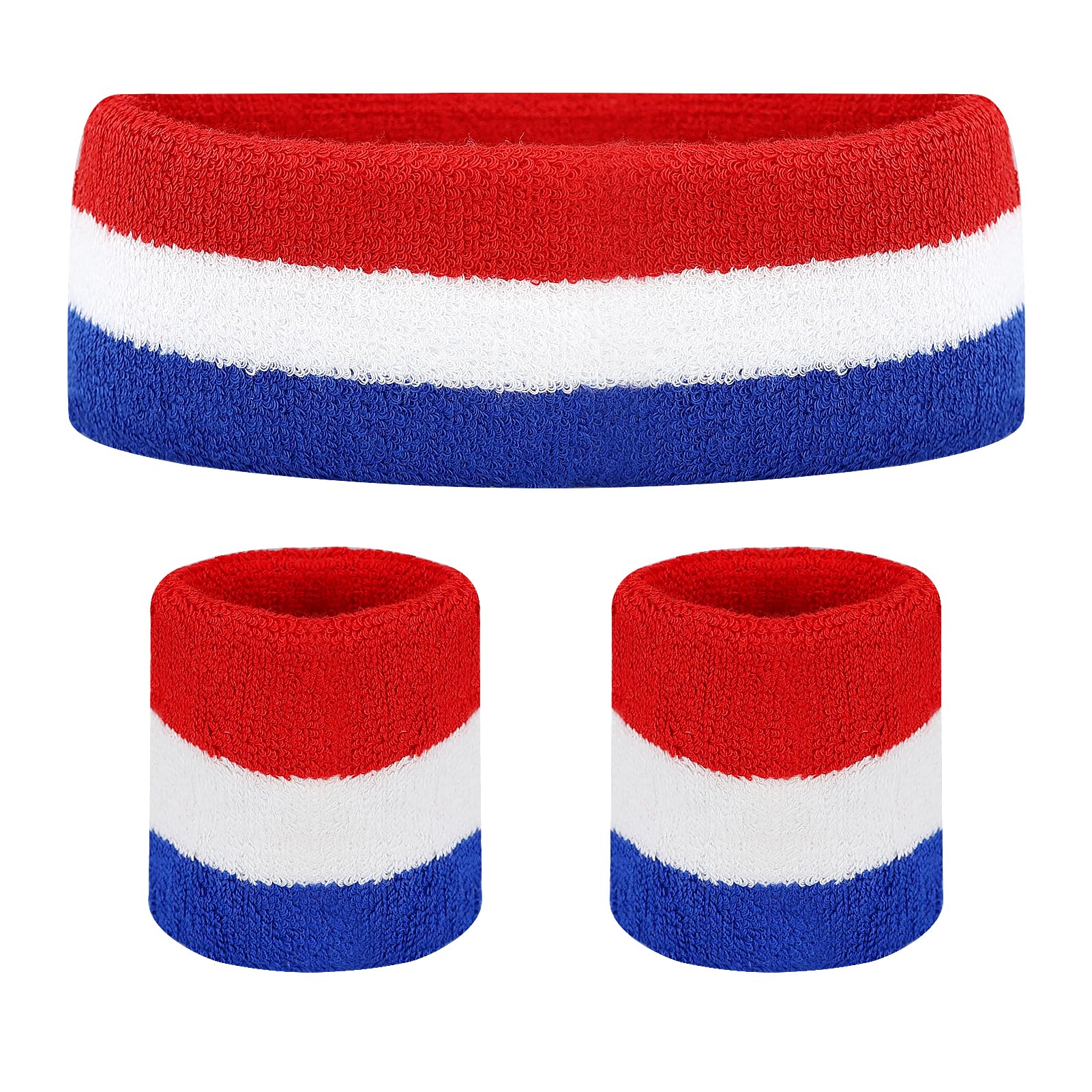 HXMJIED Sports Sweatbands Set (1 Headband + 2 Wristbands) Red White Blue Striped Cotton Elastic Sweat Band for Basketball Tennis Exercise