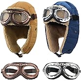 JaGely 4 Pcs Pilot Hat and Goggles Flight Costume Accessories Pilot Helmet Cap with Ear Flaps Hat Adults Winter(Blue, Khaki)