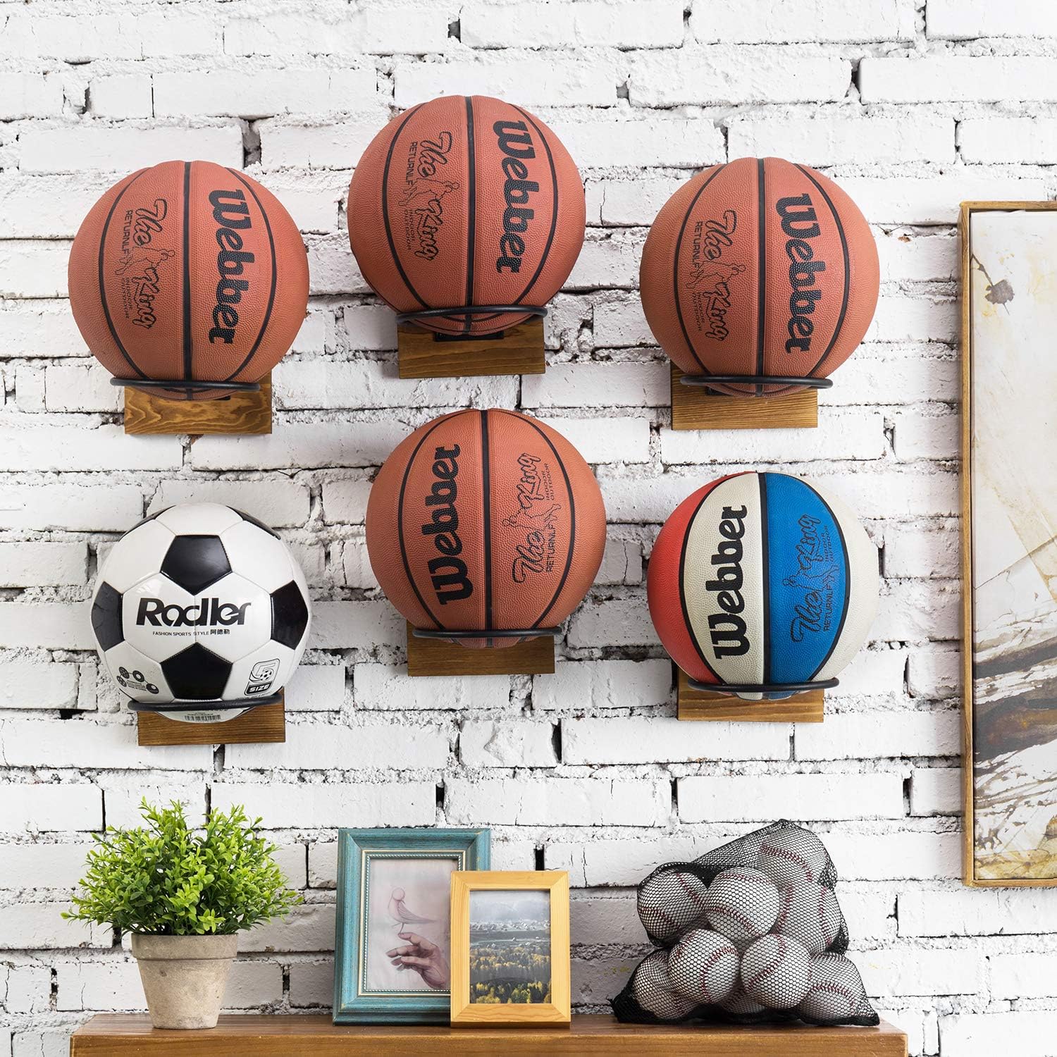 MyGift Wood & Metal Wall-Mounted Sports Ball Holder Storage, Set of 2: Sports & Outdoors