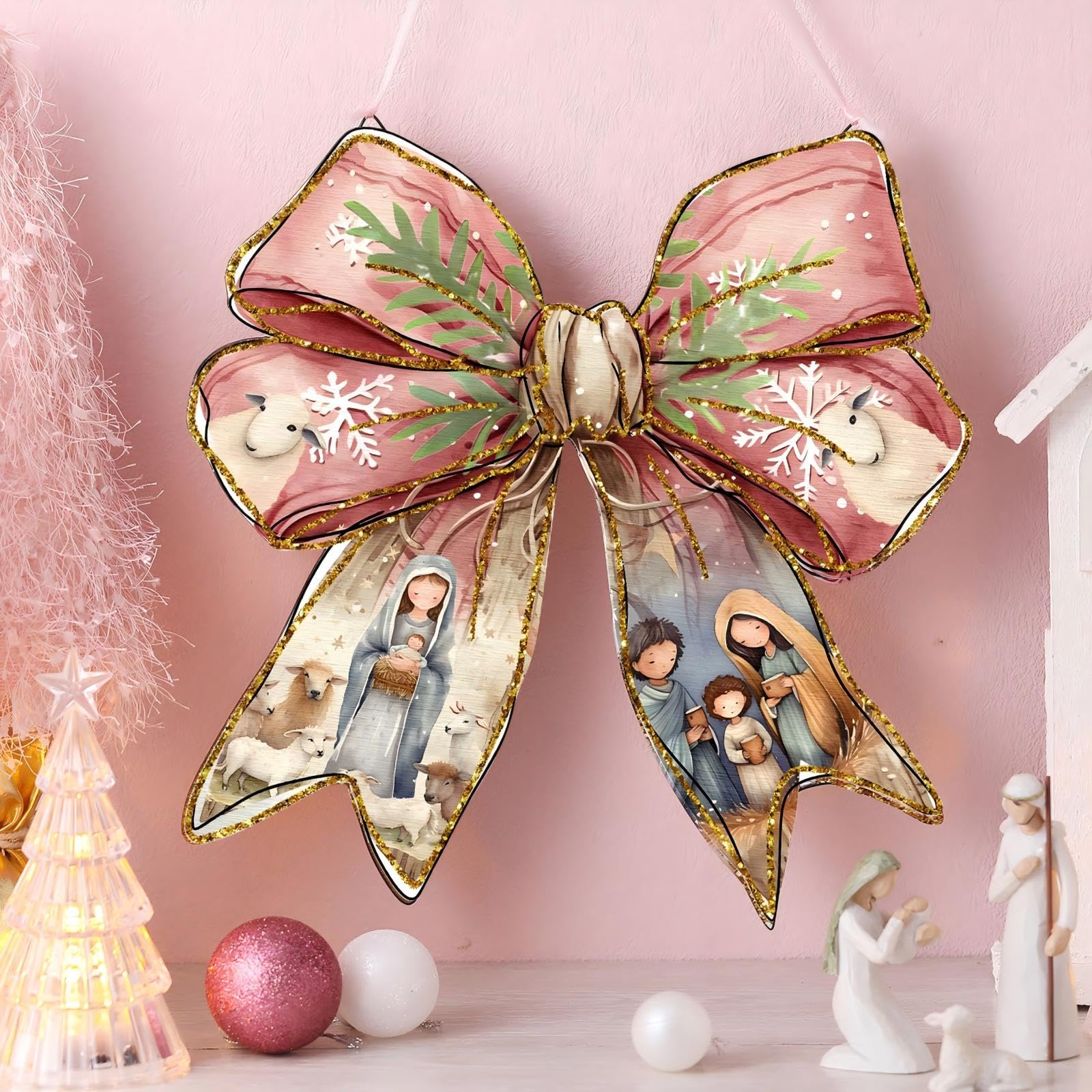 Photo 1 of RattanView Jesus Christmas Bow Wooden Hanging Sign Coquette Bow Wall Hanging Nativity Scene Wall Art Bowknot Welcome Door Sign Decor for Room College Dorm Apartment Indoor Outdoor Porch