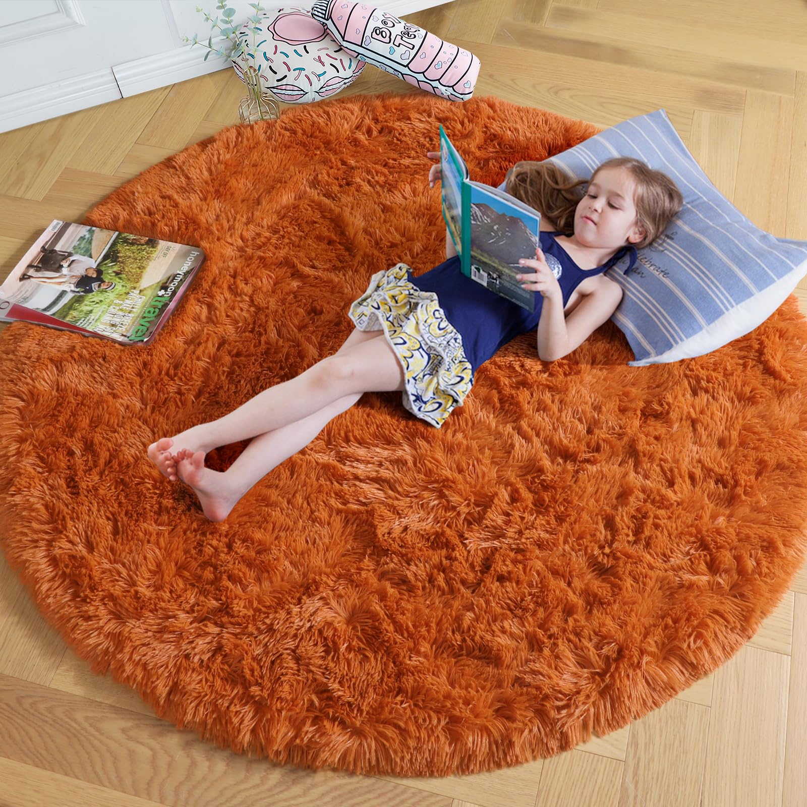 Photo 1 of Amdrebio Burnt Orange Round Circle Rug 4Ft for Bedroom Living Room Aesthetic, Fluffy Fuzzy Furry Shaggy Area Rugs for Kids Room Decor, Small Plush Shag Dark Orange Carpet for Nursery Dorm Classroom