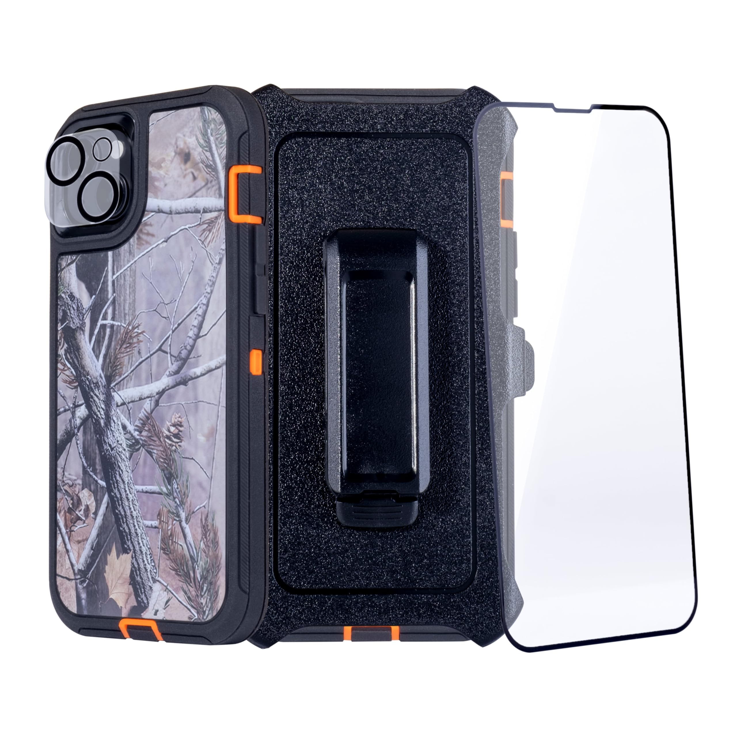WallSkiN Case for iPhone 14 Plus (6.7") with Camera & Screen Protectors | Heavy Duty Full Body Military Grade Drop Protection Carrying Cover Holder | Holster for Men Belt with Clip Stand – Camouflage