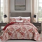 DJY Red Gold Paisley Quilt Set King Size Boho Bedspread Coverlet Set 3 Pieces, Vintage Paisley Floral Pattern Lightweight Microfiber Bedding Set with Pillowcases for All Season, 110''x90''