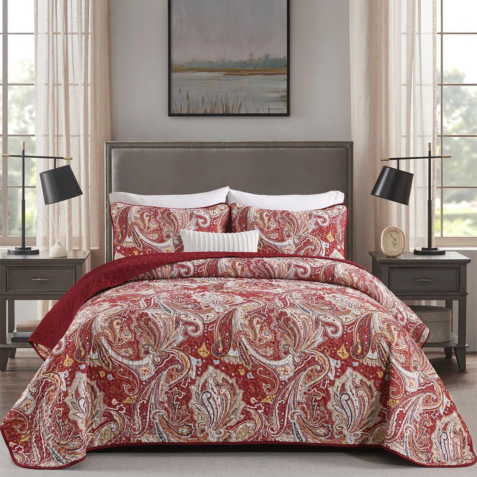 DJY Red Gold Paisley Quilt Set King Size Boho Bedspread Coverlet Set 3 Pieces, Vintage Paisley Floral Pattern Lightweight Microfiber Bedding Set with Pillowcases for All Season, 110''x90'' Image
