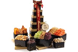 NUT CRAVINGS Gourmet Collection - Rosh Hashana & Shana Tova Mixed Nuts Gift Basket Black Tower + Heart Ribbon (12 Assortments) Arrangement Platter, Birthday Care Package - Healthy Kosher