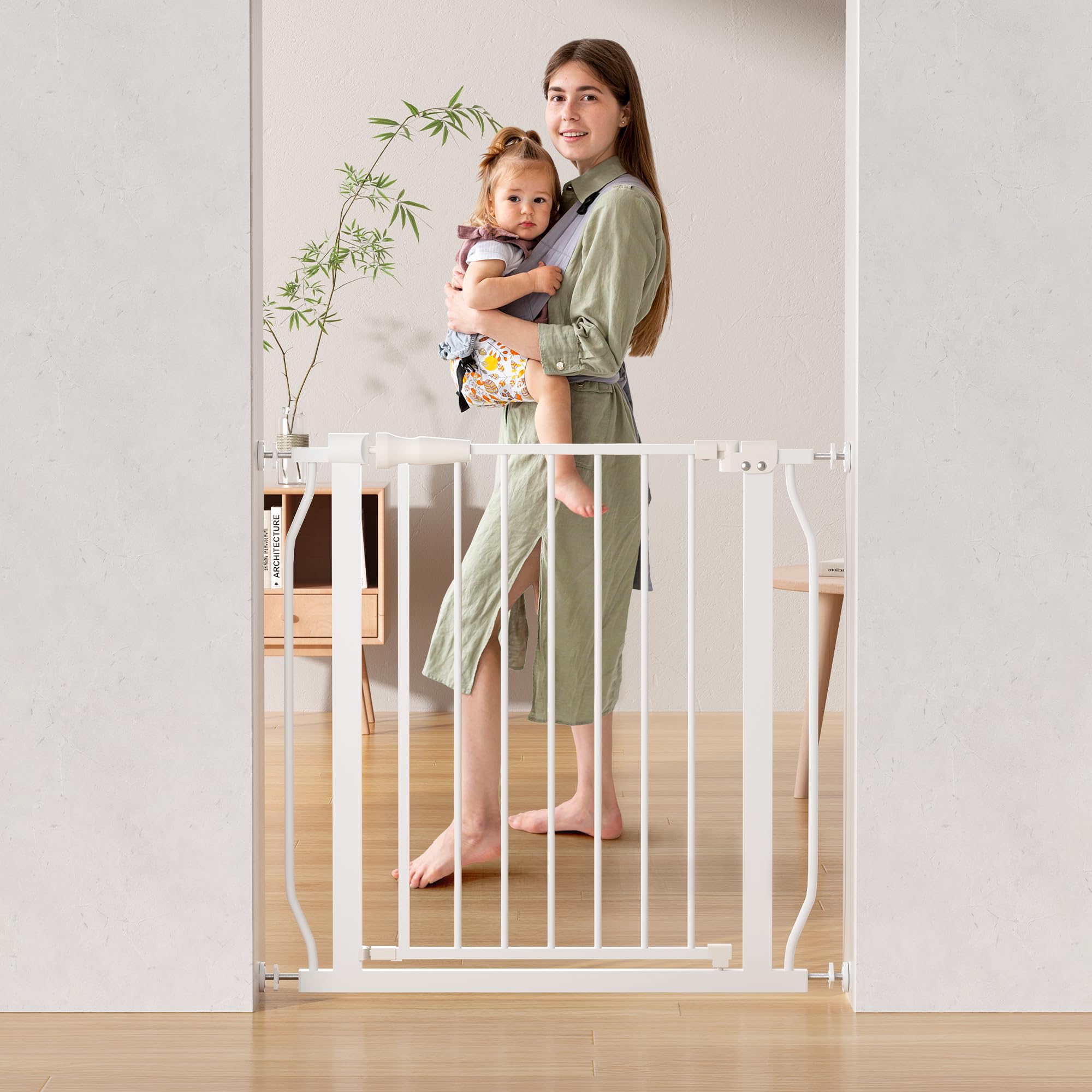 Photo 1 of ELEVON Baby Gate for Stairs Doorways, Safety Pet Gate with Auto-Close/Hold-Open Features, Fits Openings 29.1” to 33.8”, 30” Tall, Easy Pressure Mounted Walk Through Baby Dog Gate, White
