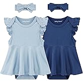 2 Pack Baby Girl Bodysuit Flutter Sleeves Dress, Cute Ruffle Romper Outfit with Headband, Newborn Infant Pajamas 0-12 Months