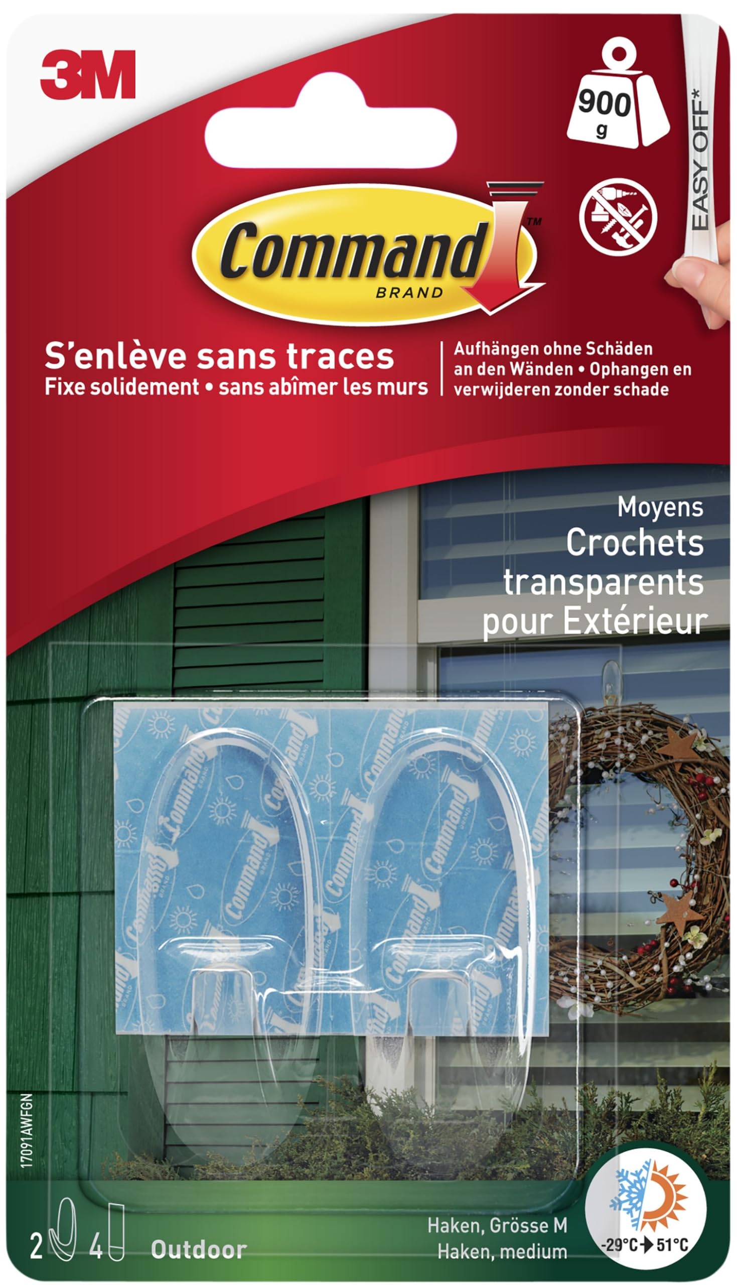 Command Transparent Medium Hooks M (Set of 2) for Outdoor Use in Oval Shape - Hanging Wreaths, Signs and Other Outdoor Objects