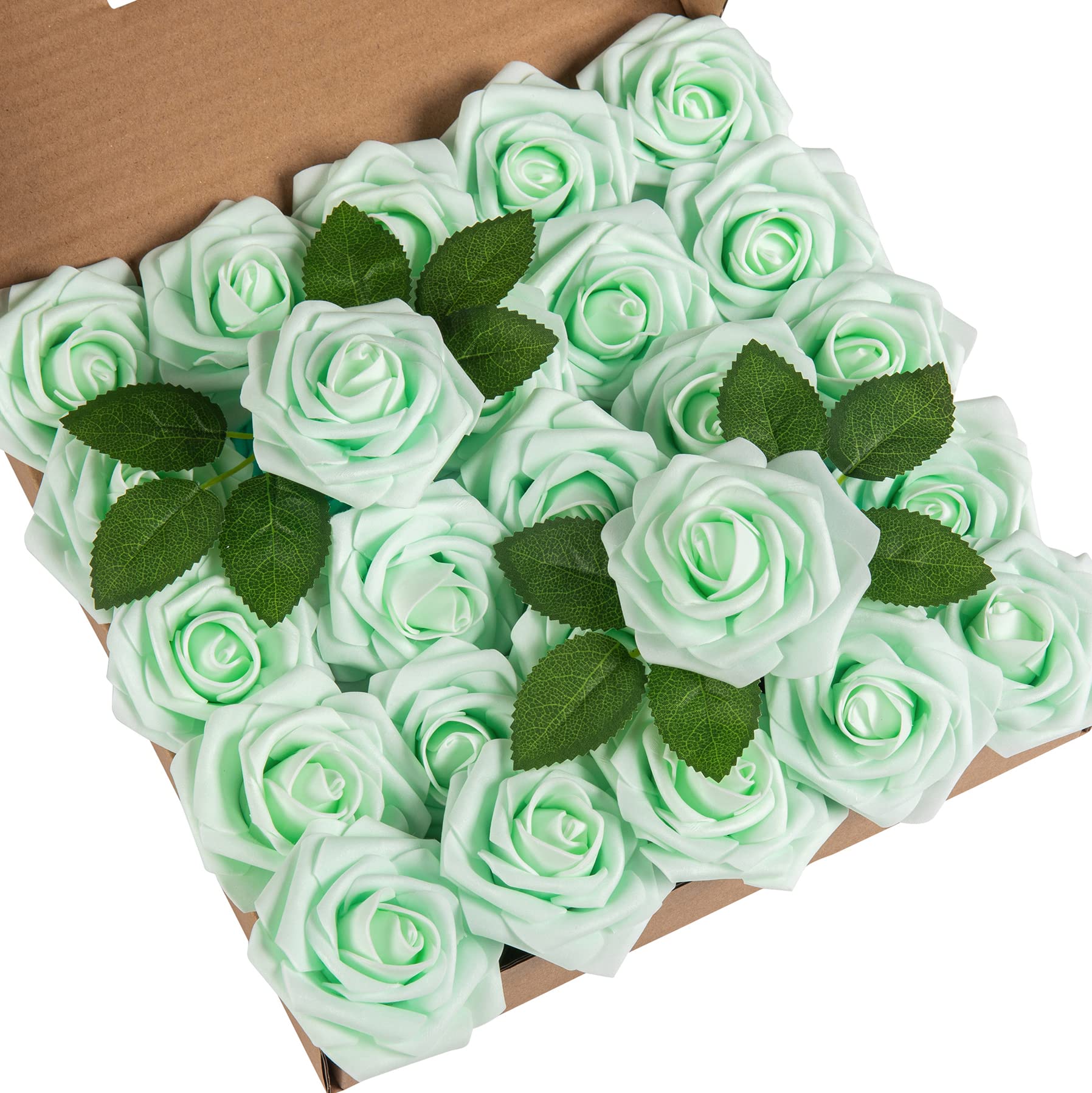 DuHouse 25Pcs Artificial Roses Flowers Fake Rose with Stems Real Touch Foam Flower Head for DIY Wedding Bridal Bouquet Baby Shower Centerpiece Floral Arrangement Party Home Decor(Mint Green)