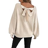 FOTKLAX Women's Off The Shoulder Pullover Bow Tie Crew Neck Long Sleeve Sweater Cute Trendy Cozy Sweaters