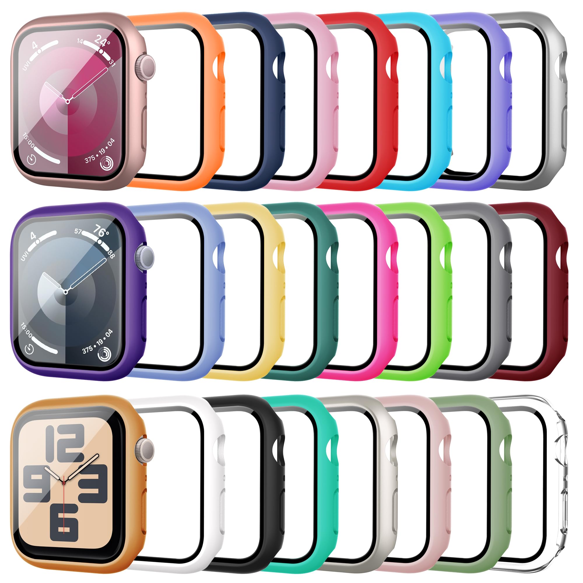Bougraite 24 Pack Case for Apple Watch Series 9/8/7 41mm with Tempered Glass Screen Protector,Shockproof Hard PC Scratch Resistant Bumper Protective Cover Compatible with iWatch 41mm