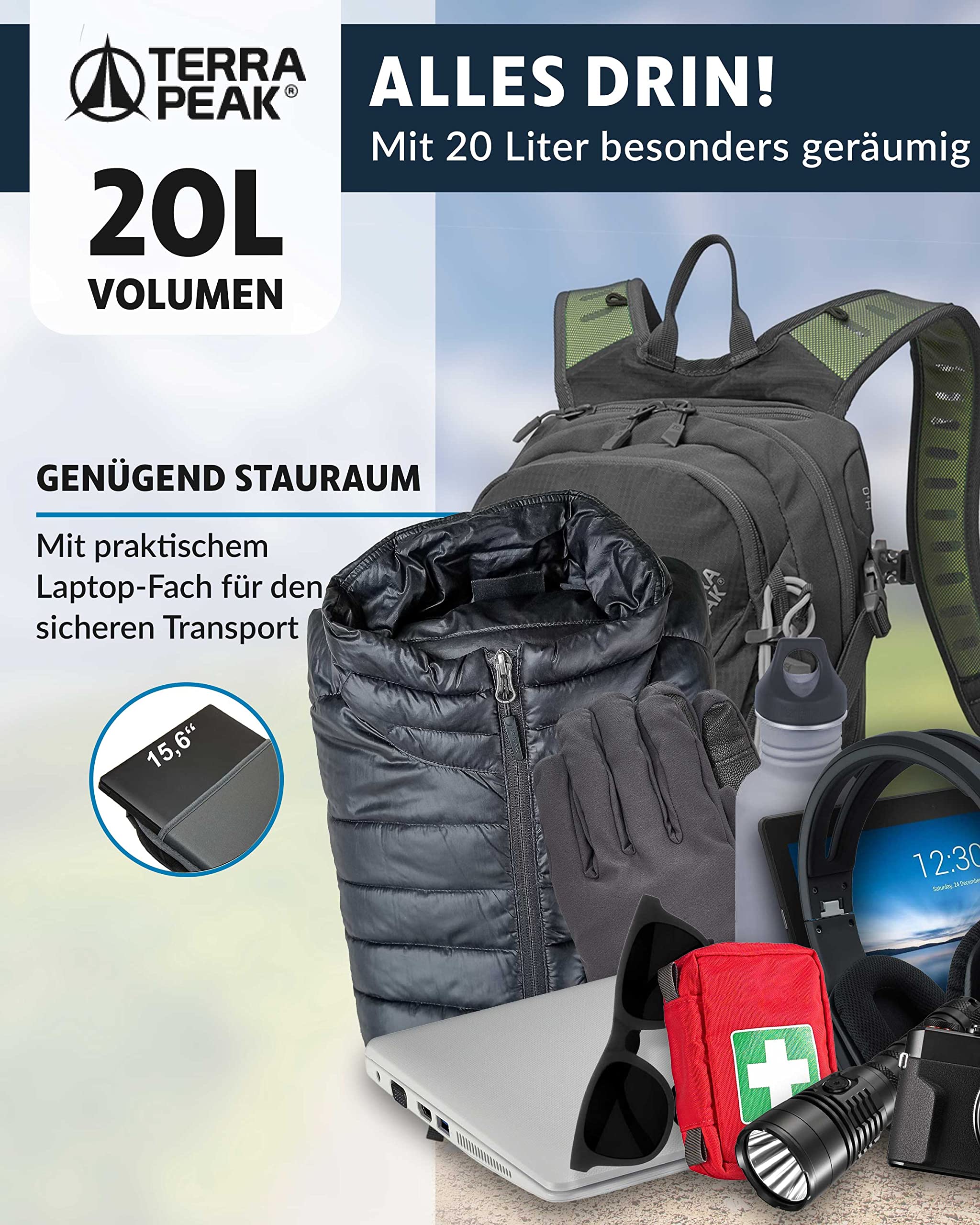 Terra Peak® Premium Wanderrucksack 20L ACTIVE 20 Damen Herren & Erwachsene klein grau - Trekking-Rucksack zum Wandern - Daypack Rucksack & Tagesrucksack wasserdicht mit Laptop-Fach & Trinksystem 6