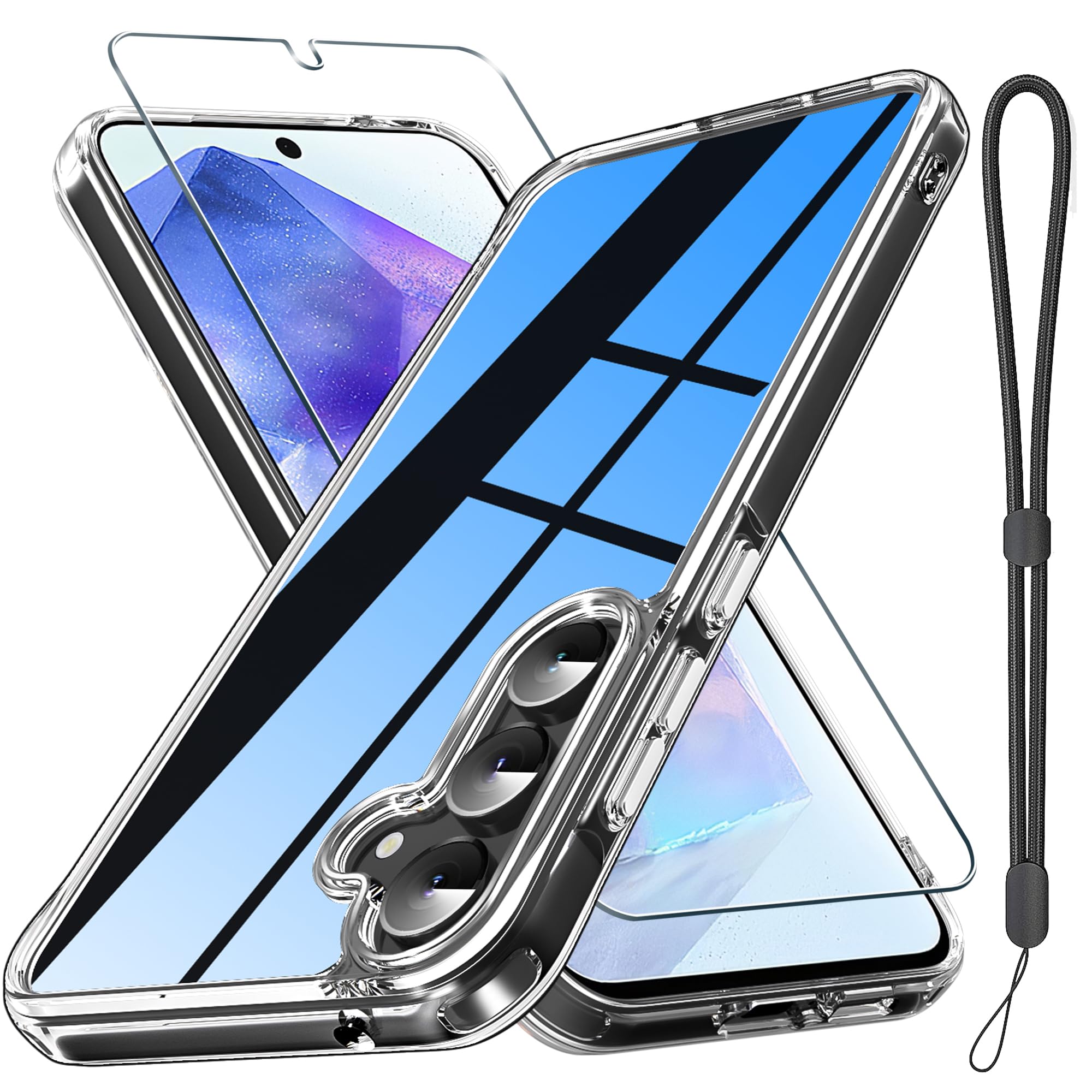 Janmitta Compatible with Samsung Galaxy S24 FE Case with Screen Protector Tempered Glass,Slim Fit Thin Transparent Rugged Tough Hard Cover with Wrist Strap Lanyard,2024 Crystal Clear