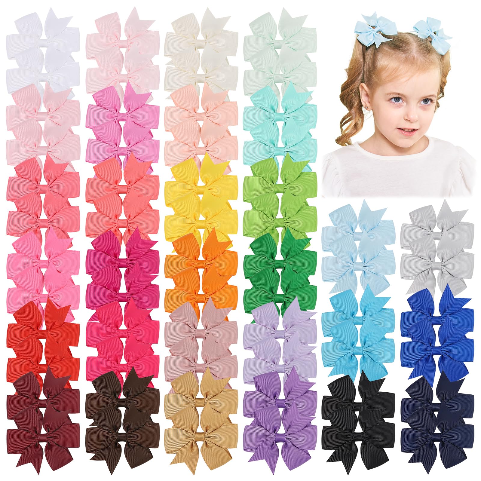 Jollybows 60pcs 3" Hair Bows for girls Alligator Clips Grosgrain Ribbon Baby Hair Accessories for Baby Girls Kids Toddlers Infant