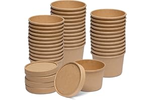 GUSTO [25 Count] Kraft Paper Food Containers with Vented Lids - To Go Hot Soup Bowls, Disposable Ice Cream Cups, Ideal for Ho