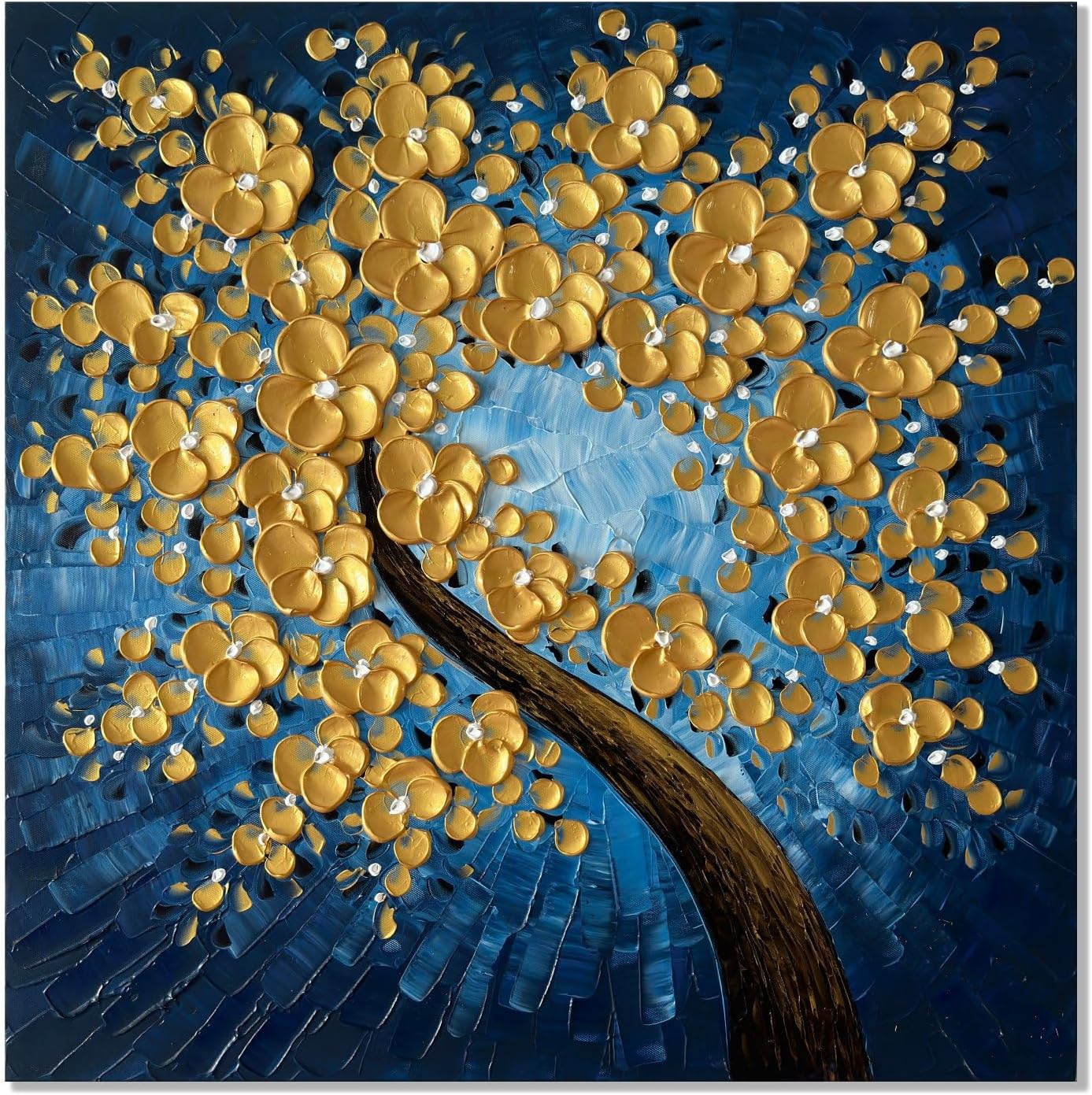 Paintings - zoinart Hand Paintings 3D Flower Canvas Wall Art 24x24 Inches Abstract Gold Floral Paintings Modern Contemporary Texture Wall Art Tree Blue Artwork for Home Decorations