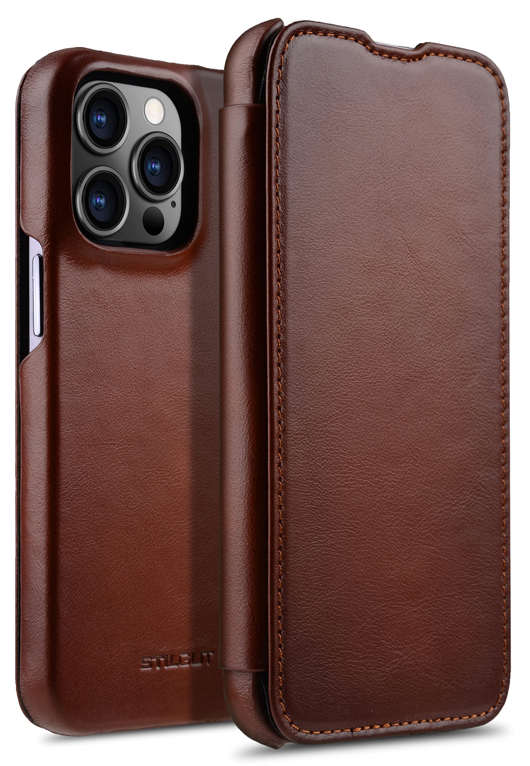 STILGUT Leather Flip Case Compatible with iPhone 13 Pro Max (6.7 Inch), Cognac Nappa, Wireless Charging