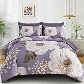 Luxudecor Floral King Comforter Set 7 Pieces Bed in a Bag, White Flower Print on Light Purple Bedding Set, Soft Reversible Comforter with Sheet Set 104"x90"