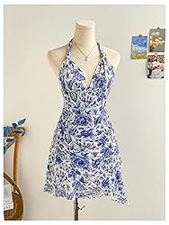 BEAUDRM Women's Floral Print Sleeveless Halter Deep
