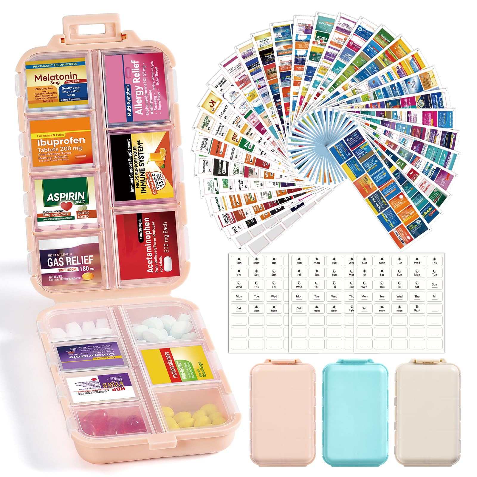 Photo 1 of **INCOMPLETE, MISSING STICKERS** 3 Pack 14 Grids Travel Pill Organizer Box - Pocket Daily Pharmacy Case Container Kit - Travel Medication Holder Dispenser for Fish Oil Vitamin, Khaki+Pink+Sky Blue