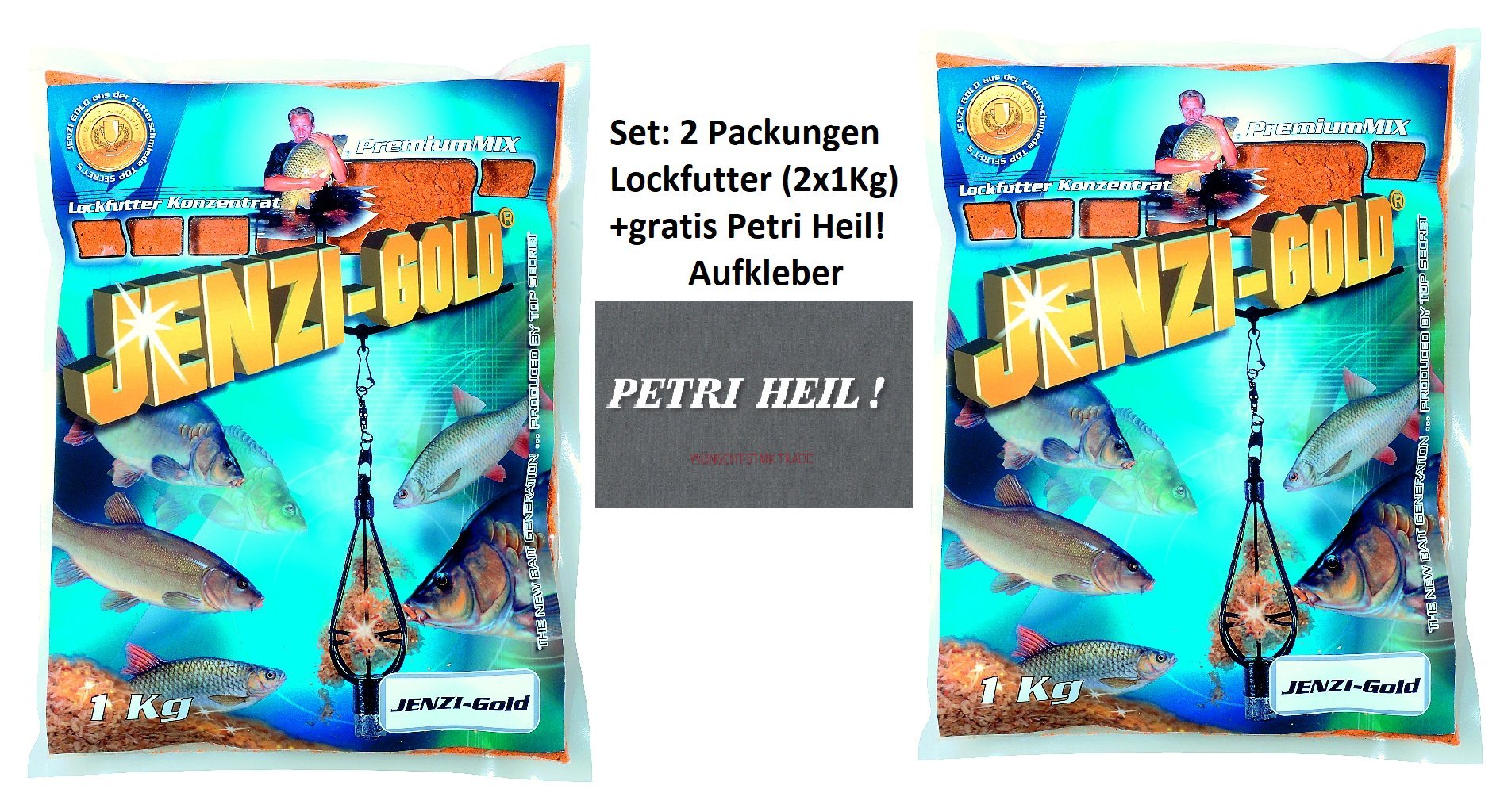 Jenzi Set: 2 packs (2 x 1 kg) gold bait concentrate feeder special + free Petri Heil! sticker.