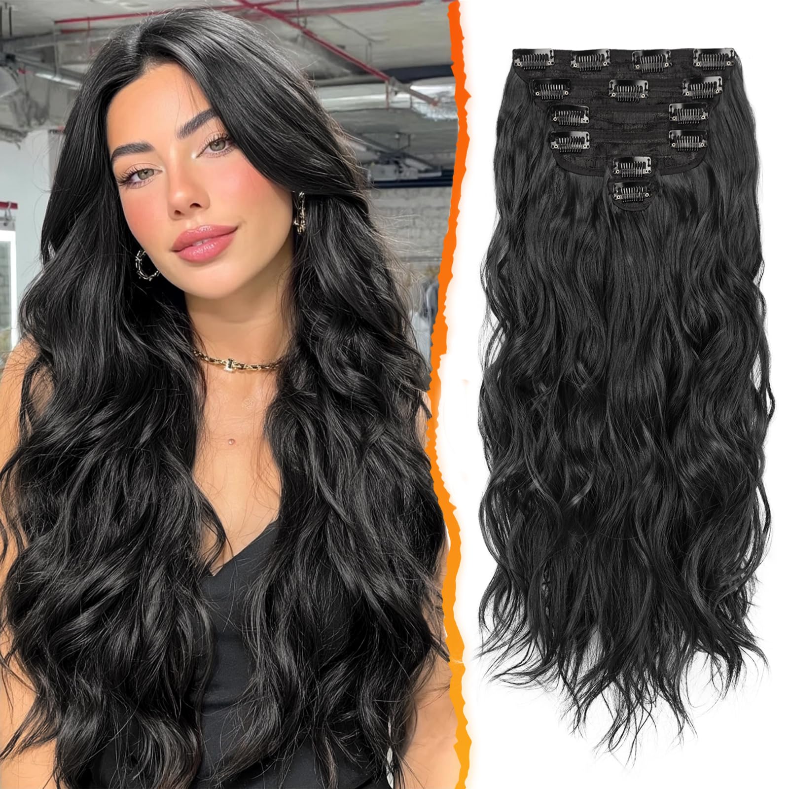 BARSDAR Clip-In Black Hair Extensions for Women, 50 cm Long Wavy Hair Extension Clip in 6 Pieces Full Head Thick Synthetic Hairpiece Halloween (Natural Black)