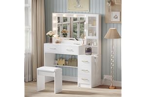 TOKSOM Makeup Vanity with Lights & Charging Station, White Vanity Table with 5 Drawers & Open Storage Shelves ， Bedroom Makeup Dressing Table Set for Women Girls