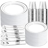 Pryntono 350 PCS White and Silver Plastic Dinnerware Set for 50 Guests | Disposable Party Plate,Silver Plastic Plates,Include 100 Plastic Plates,50 Pre Rolled Napkins with Silver Silverware,50 Cups