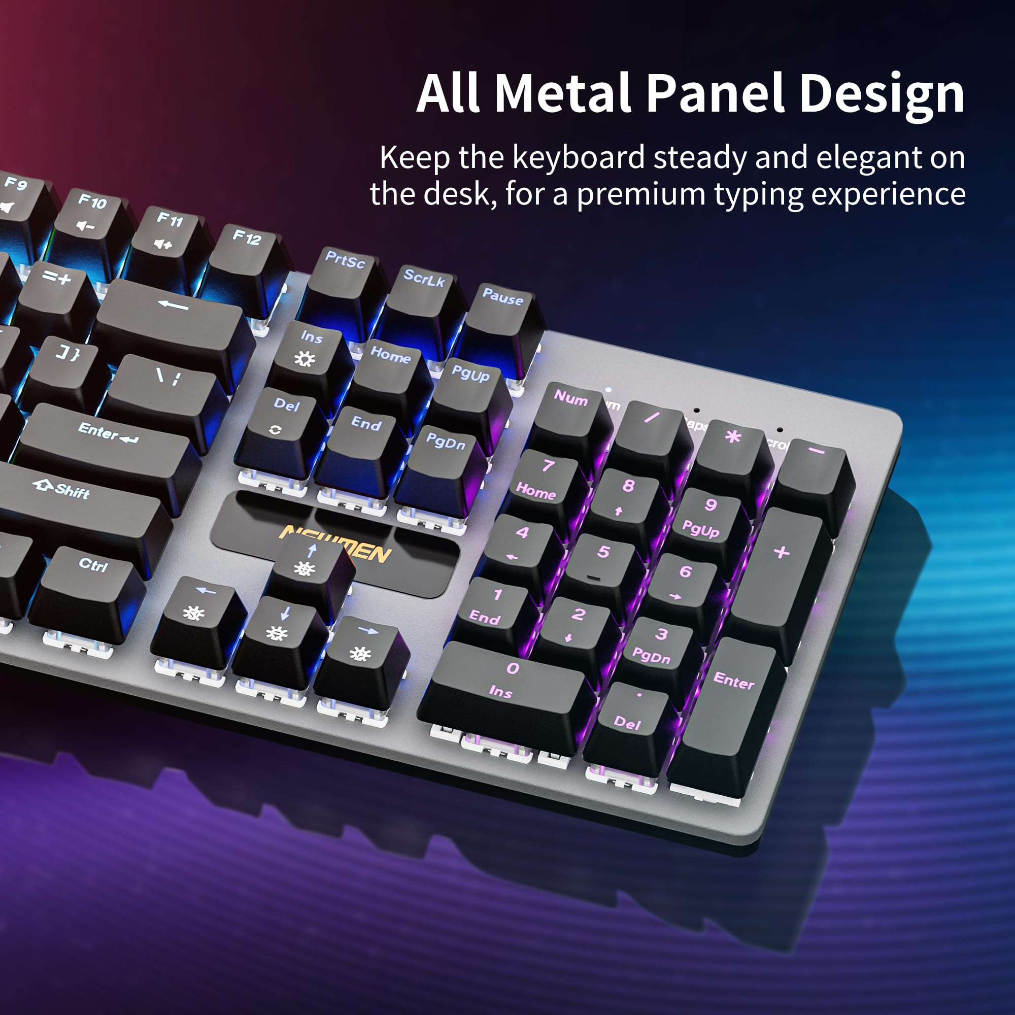 Newmen GM325Pro Mechanical Keyboard,104 Keys Rainbow LED Backlit Wired Gaming Keyboards,Hot-Swap Metal Panel ABS Black Keycaps Gaming Mechanical Keyboard for Windows Laptop PC Linear Red Switches