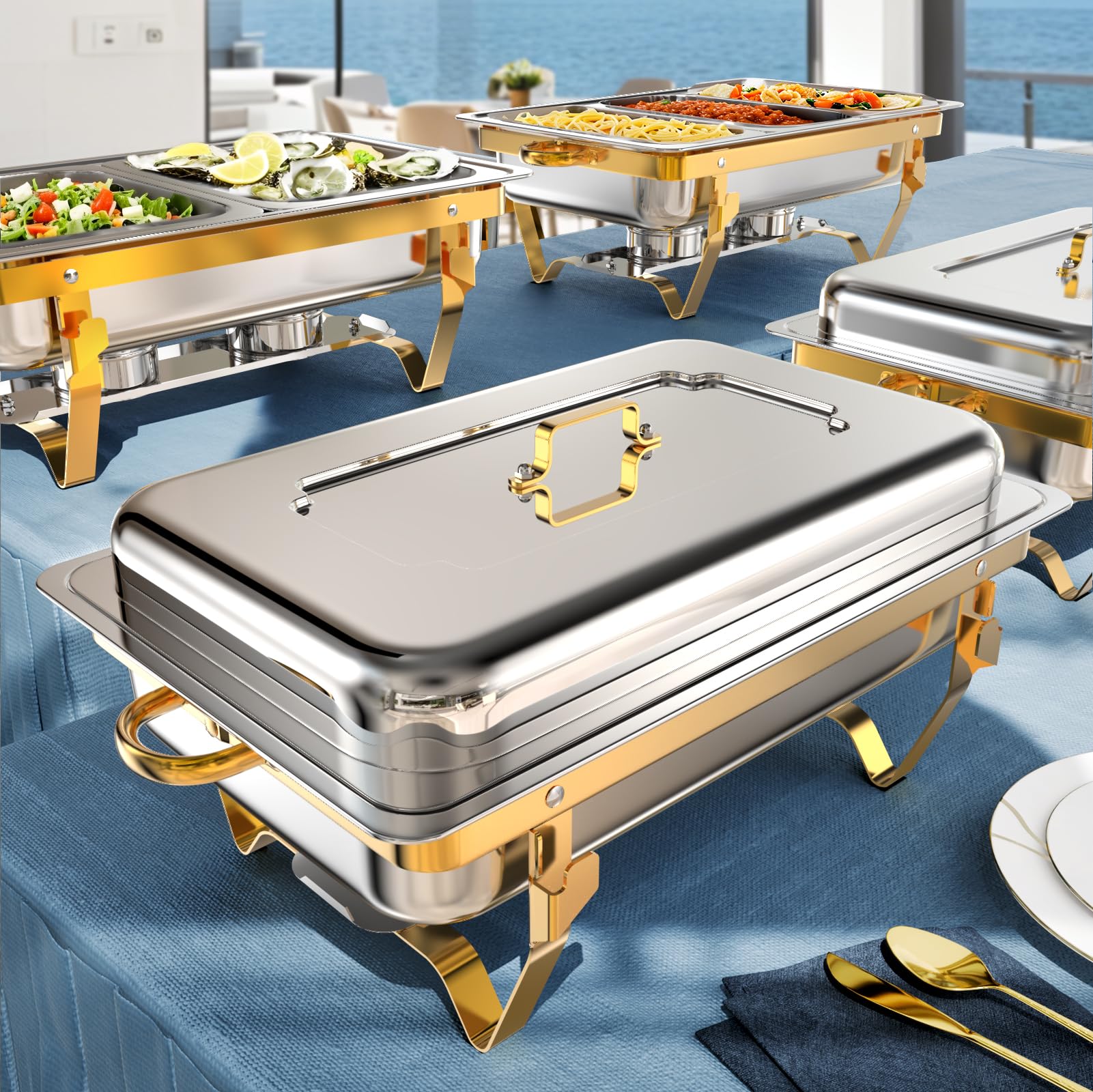 Photo 1 of (used) Amhier 9Qt 4 Pack [Multiple Food Pans Combo] Chafing Dishes for Buffet | High Grade [Durable and Hard] Chafing Dish for Parties