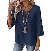 LOMON Womens 3/4 Sleeve Tops Cotton Linen Shirts V Neck Lace Casual Loose Fit Blouses Boho Fashion