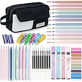 42 Pcs Big Capacity Pencil Pouch with Aesthetic School Supplies, 12 Pastel Highlighters, 5 Black Ink Gel Pens, 6 Mechanical Pencils Set 0.5 & 0.7mm, Sticky Notes, Stationary Set for Student(Black)