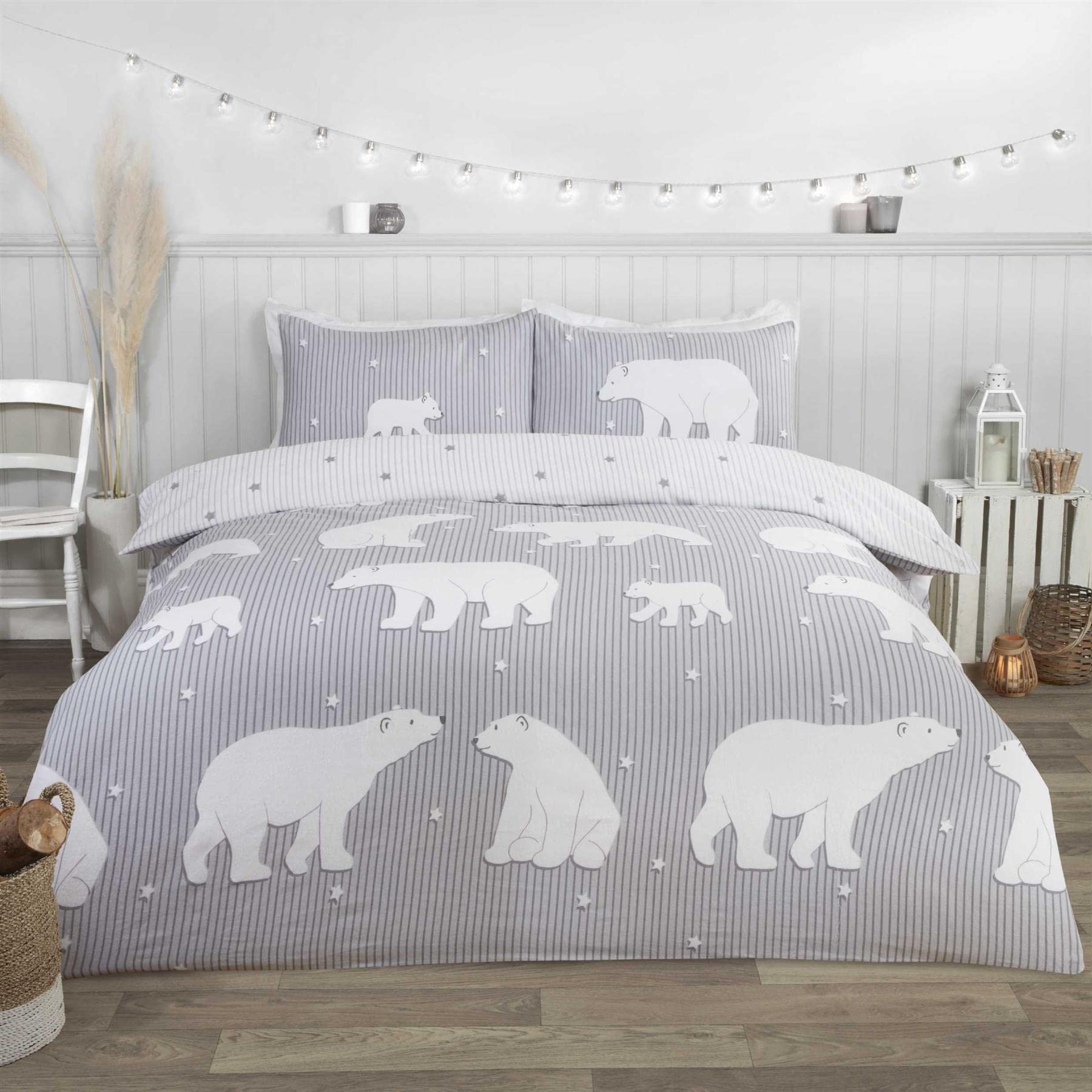 Rapport Polar Bear 100% Brushed Cotton Single Duvet Cover Set Reversible Bedding Grey,124025835