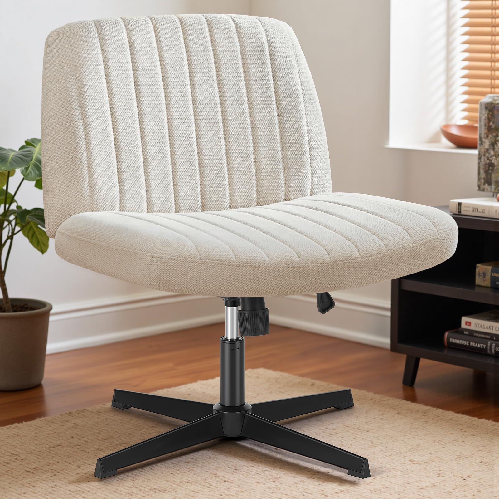 DUMOS Silla cruzada con patas para oficina, asiento de escritorio ancho y cómodo, sin ruedas, asiento para tareas de computadora sin brazos, giratorio, cómodo tocador, tela moderna para el hogar, altura ajustable